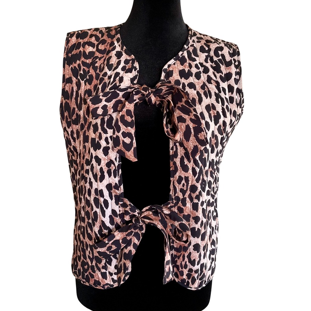 Quilted Leopard Print Tie Front Vest Small Animal Print Lightweight Padded Gilet